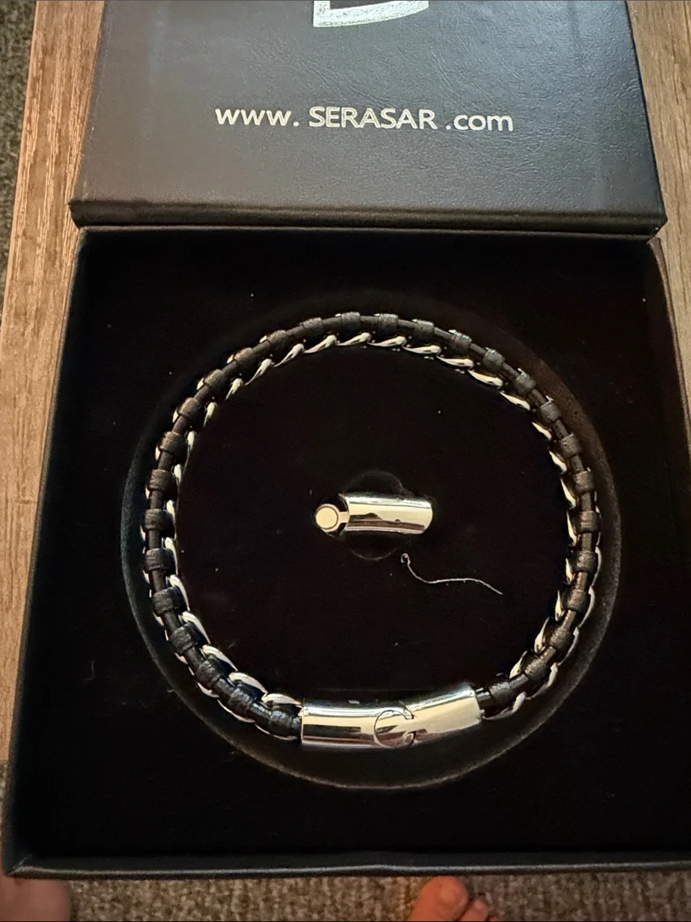 Men's Black Leather and Silver Chain Bracelet - New